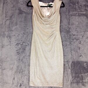 Lauren Ralph Lauren Dress Womens 4 Gold Metallic Cowl Neck Sheath Cocktail